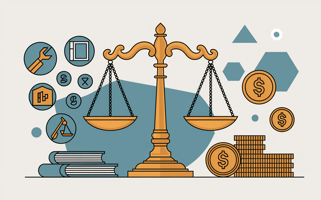 Balance de justice avec icônes de services et pièces de monnaie