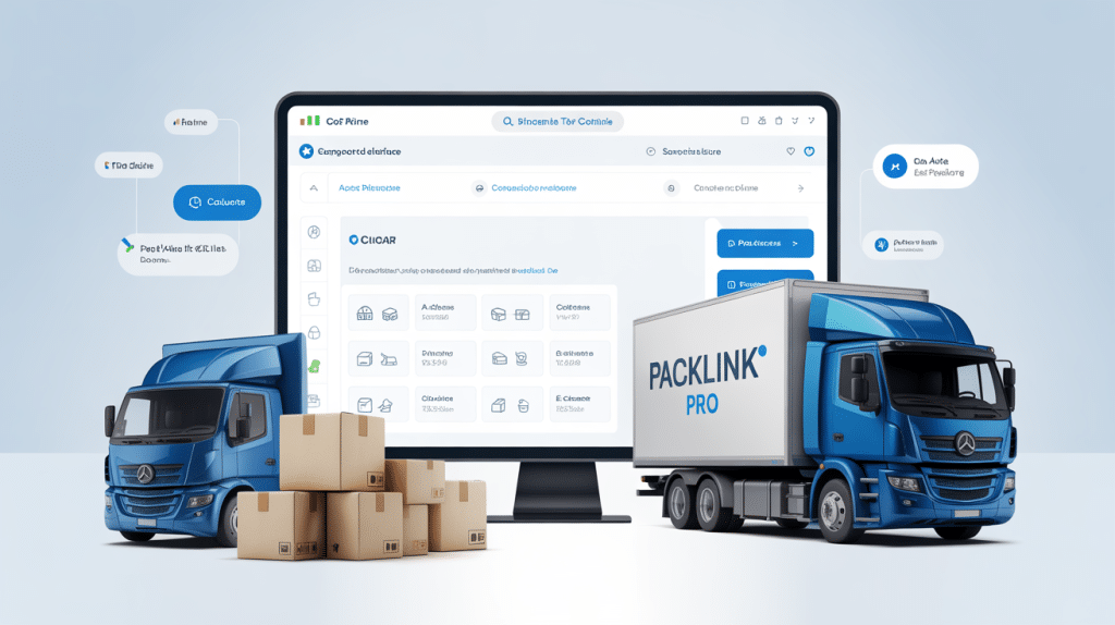Interface moderne Packlink PRO avec écrans et colis