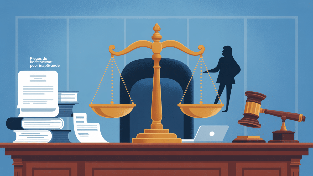 illustration bureautique avec balance de justice sur le piège du licenciement pour inaptitude
