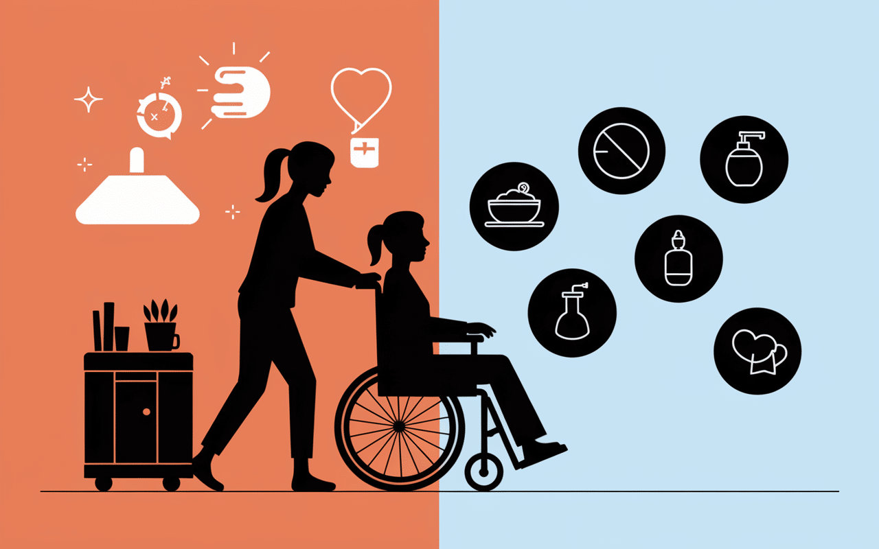 accompagnant aide personne fauteuil roulant avec icons activites quotidiennes