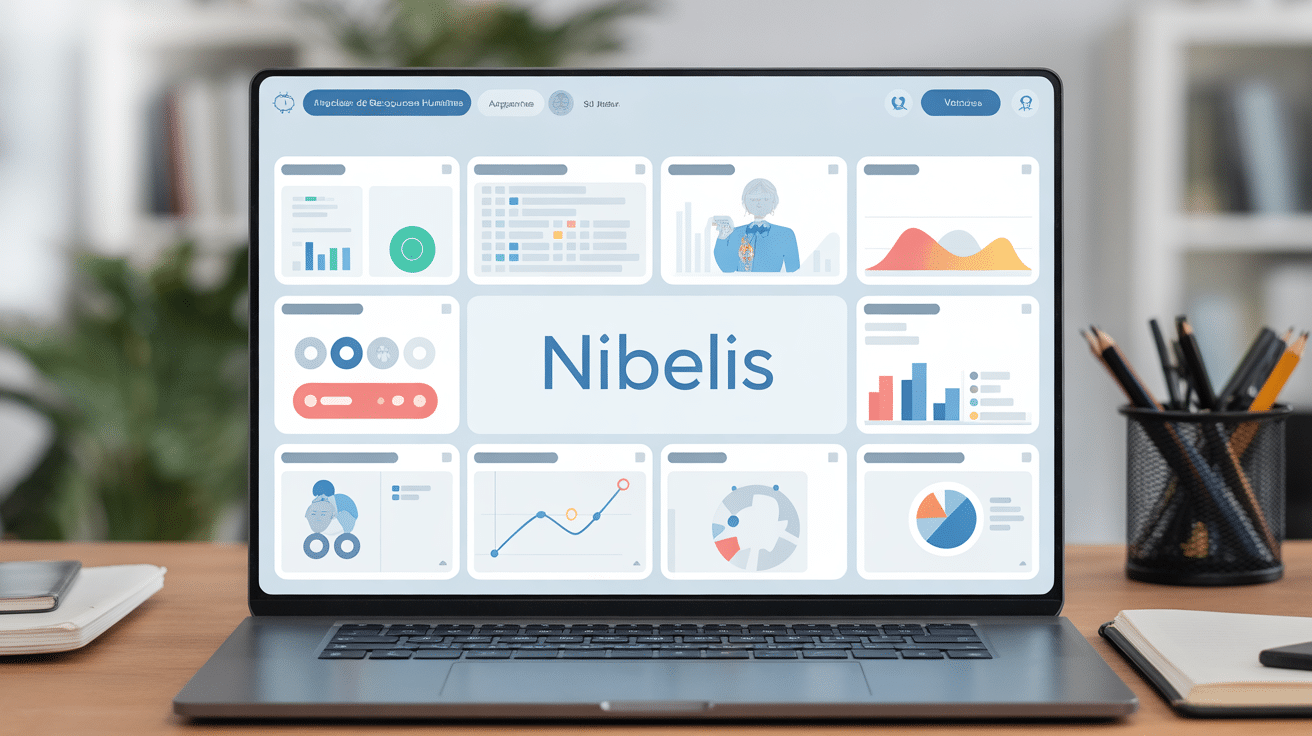 Interface Nibelis de gestion RH avec tableaux de bord et données entreprise