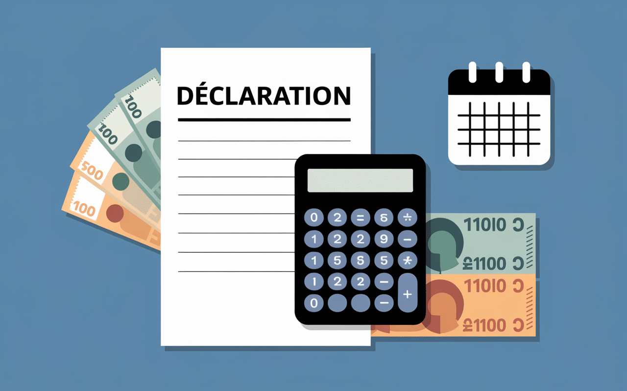Formulaire de déclaration avec calculatrice et billets d'euros