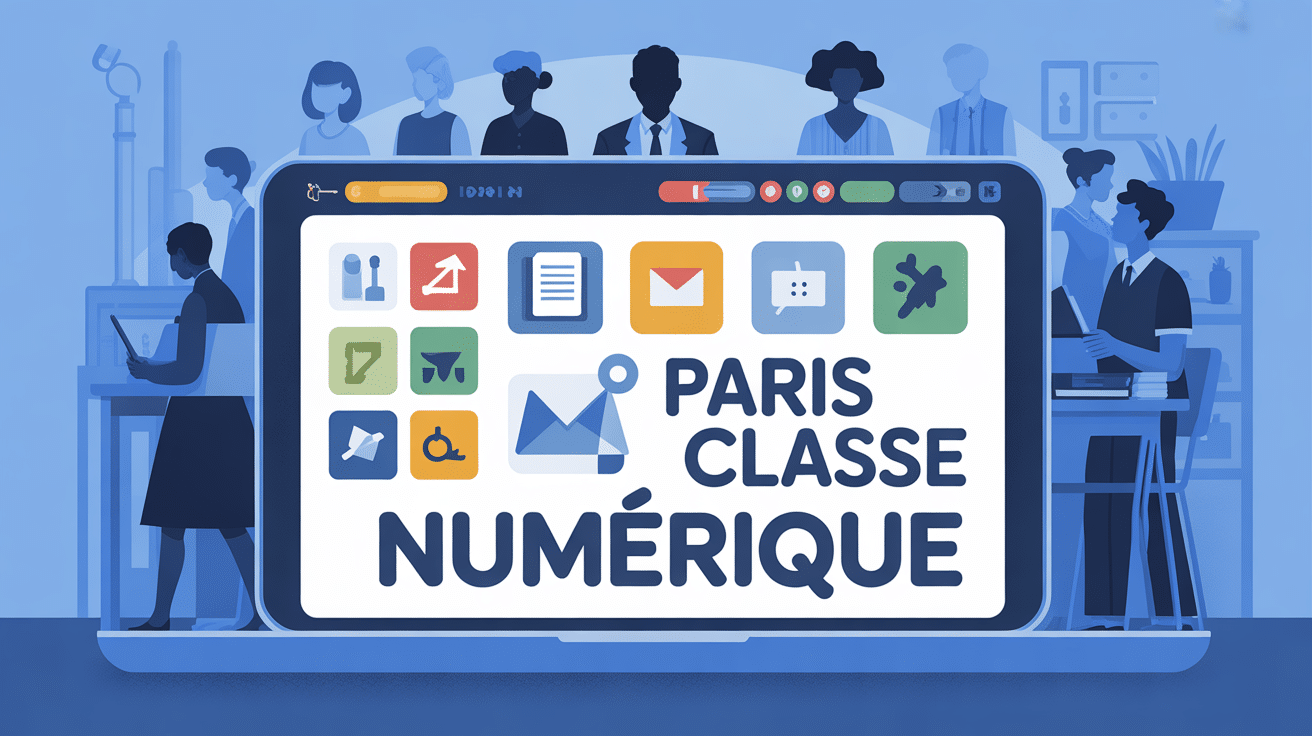 Interface moderne Paris classe numérique avec icônes pédagogiques colorées