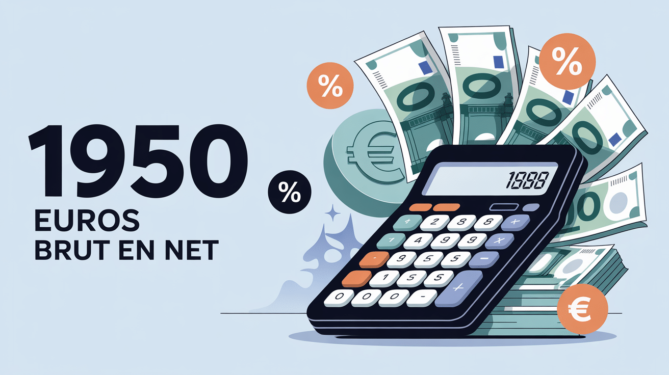 Calculatrice et euros pour 1950 brut en net