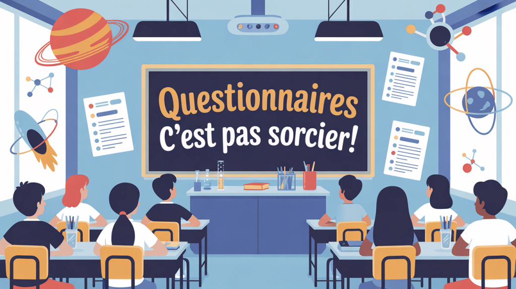 Salle de classe moderne avec fiches questionnaires et éléments scientifiques