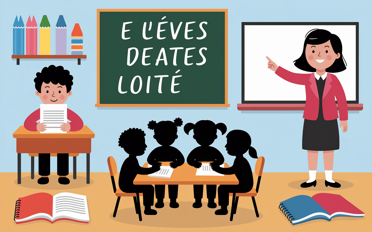 Classe avec élèves et enseignant utilisant des questionnaires