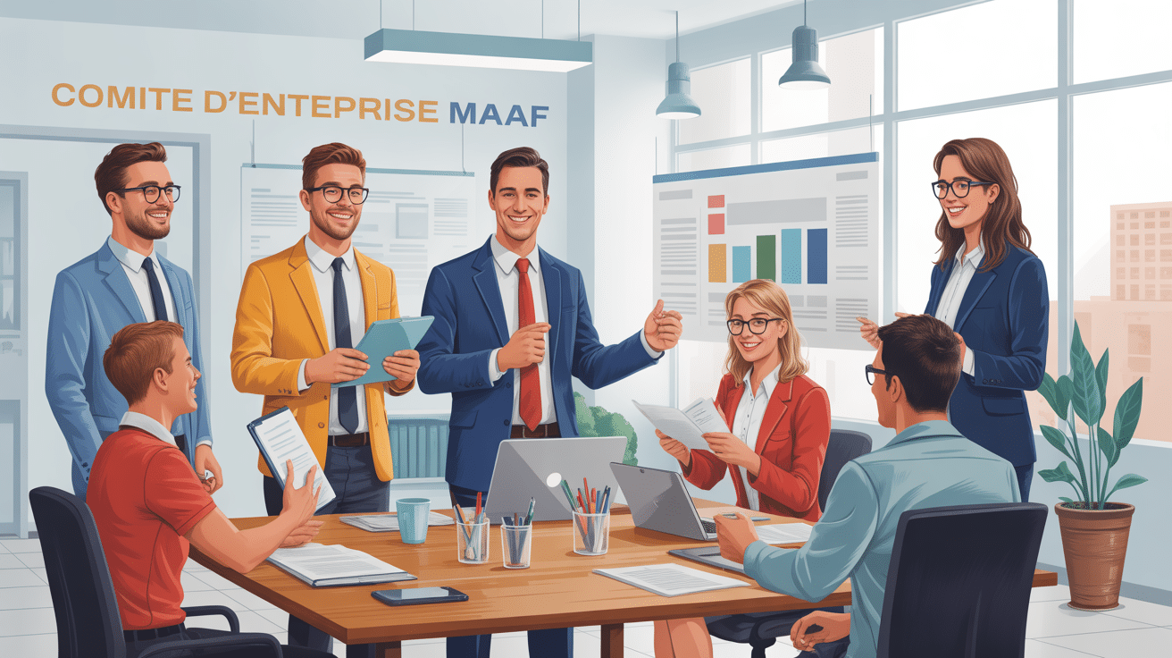 Groupe de collègues discutant autour du comité d'entreprise MAAF