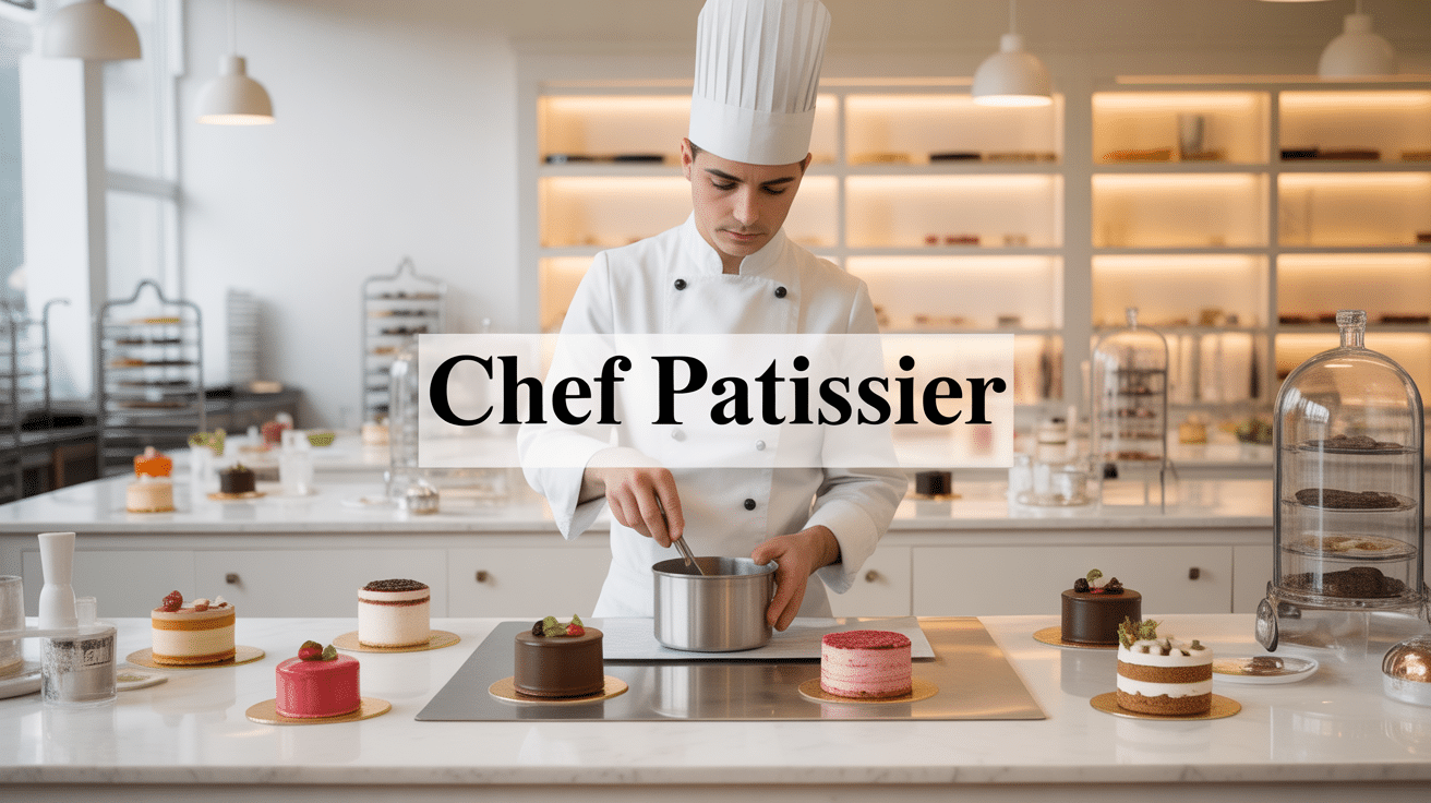 chef patissier professionnel entouré de desserts