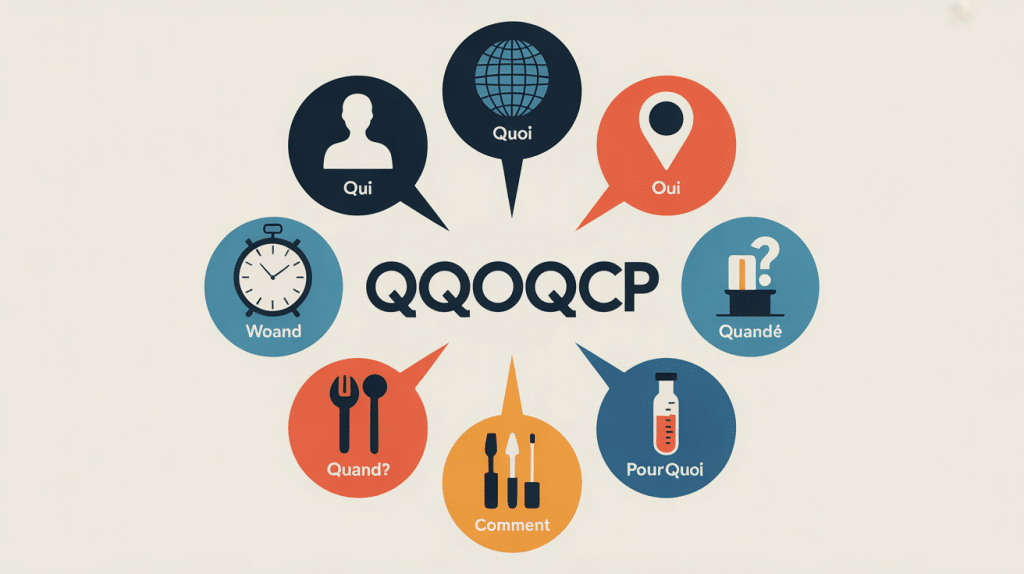 Schéma du qqoqcp avec six questions interconnectées