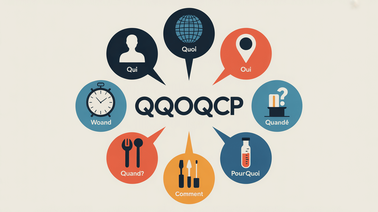 Schéma du qqoqcp avec six questions interconnectées