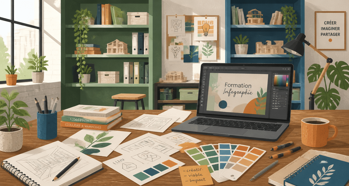 atelier formation infographie avec ordinateur et croquis