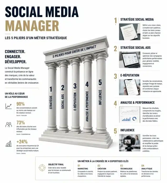 Infographie des compétences clés pour une formation social media manager