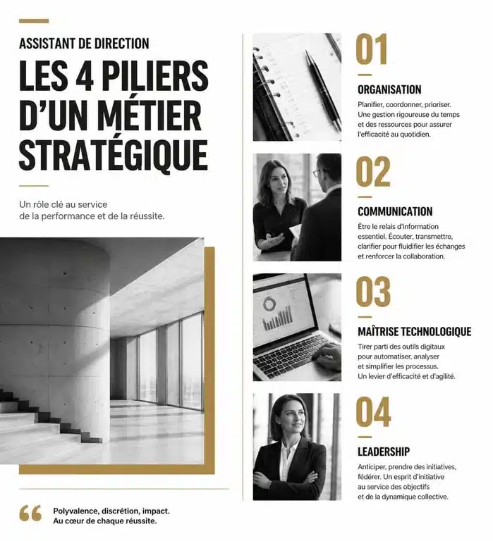 Infographie des compétences clés pour devenir assistante de direction performante et stratégique.