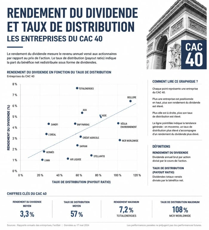 Infographie comparative des rendements et taux de distribution des actions du CAC 40 pour optimiser son investissement