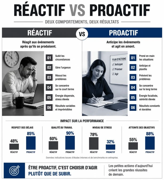 Infographie comparative entre comportement réactif et proactif au travail