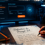 Prompt IA définition manuscrite sur bureau avec ordinateur