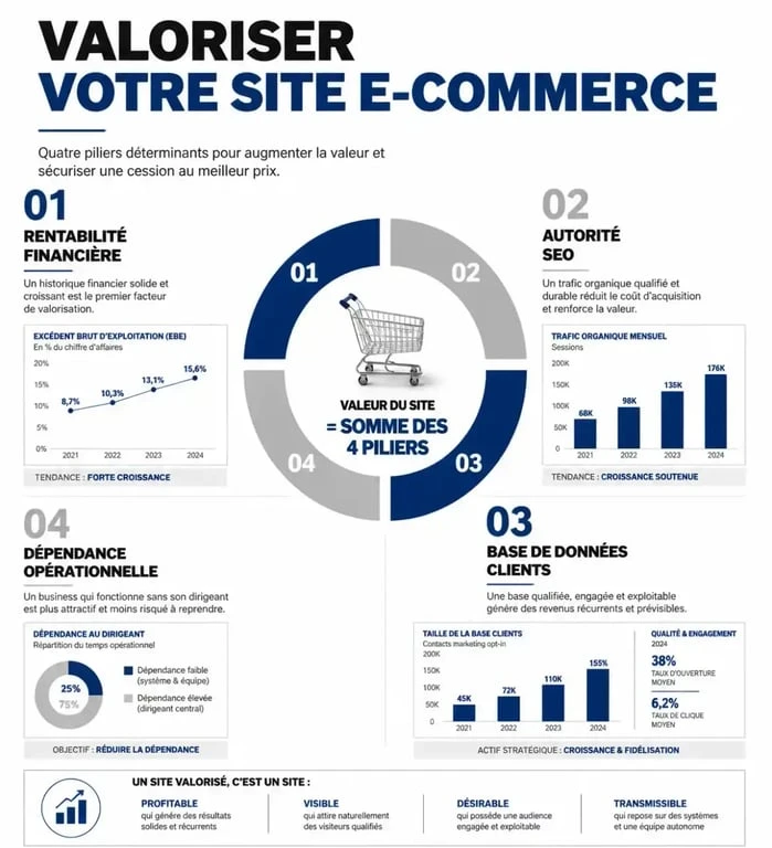 Infographie des critères de valorisation pour la vente d'un site e-commerce