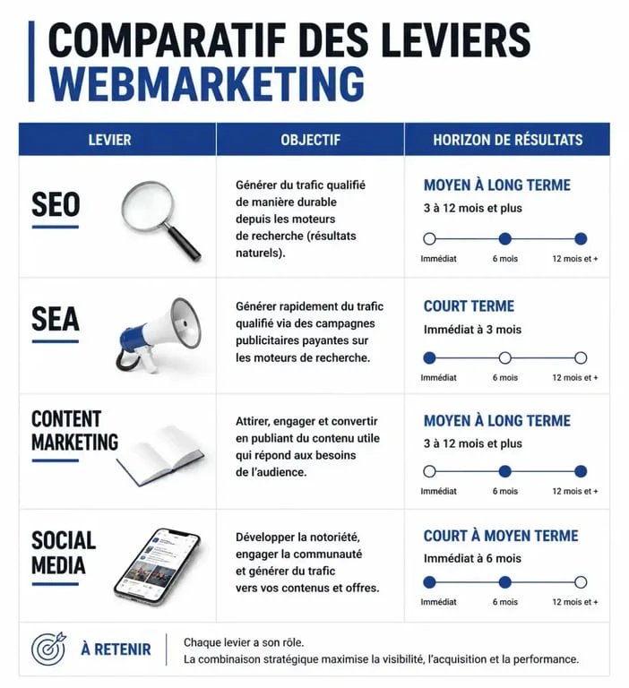 Tableau comparatif des leviers webmarketing freelance : SEO, SEA, Content Marketing et Social Media pour optimiser votre stratégie digitale.