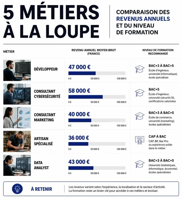 Infographie comparative des revenus annuels par métier pour travailler à son compte