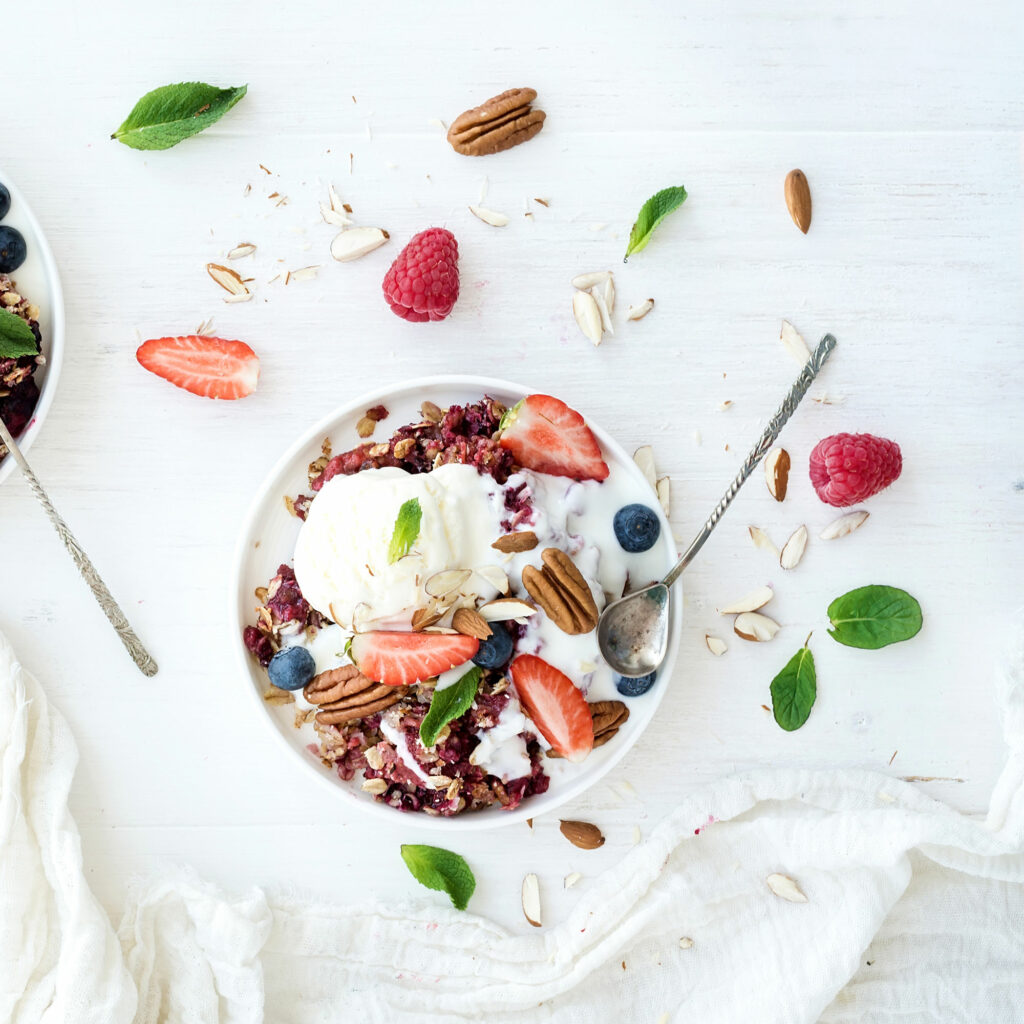 cultured dairy with fruit and nuts in a bowl