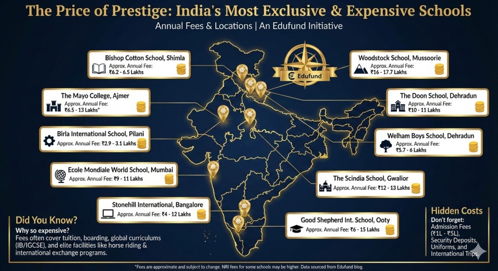 Comprehensive info on tuition fees and locations of India's most prestigious and expensive schools.