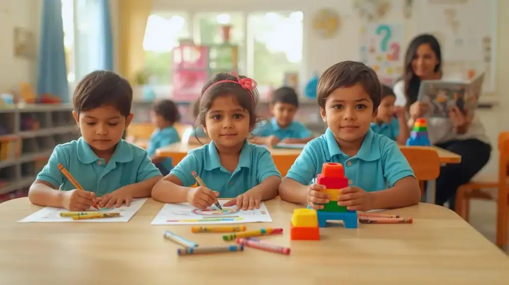 Alt text: Happy children in blue uniforms studying and playing in a bright classroom.