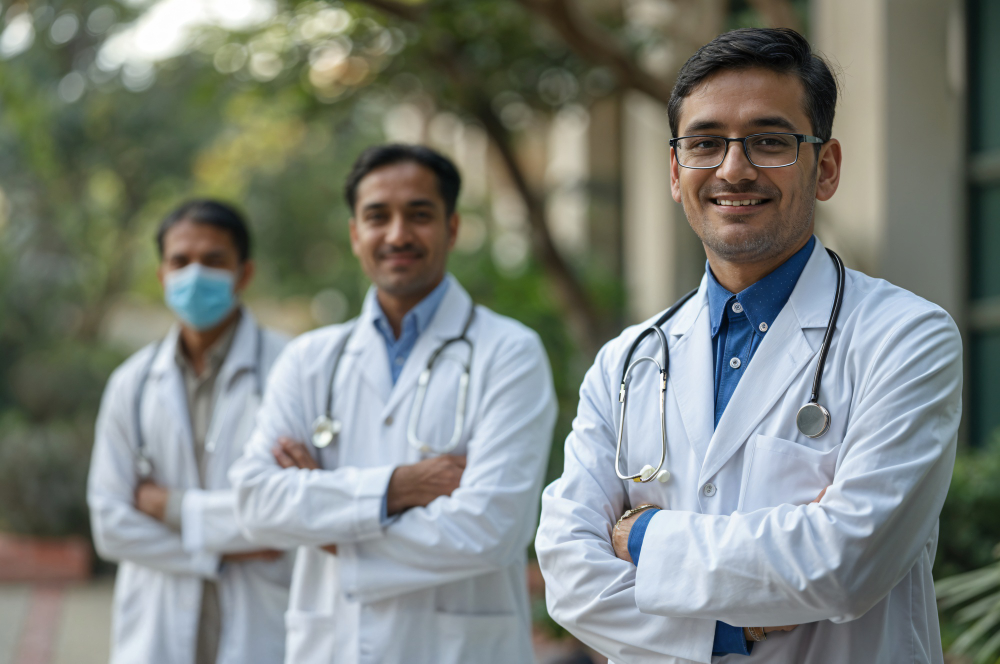 Medical professionals wearing white coats and stethoscopes smiling outdoors.