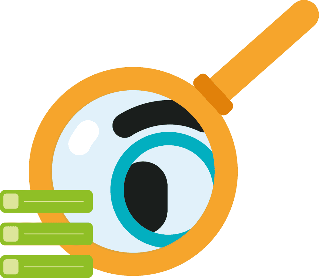 Lupa revisando una lista de verificación, símbolo de evaluación en EMMI