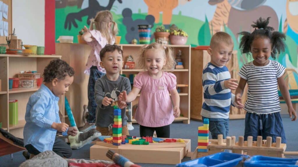 Niños jugando con cubos realizando actividades matemáticas.
