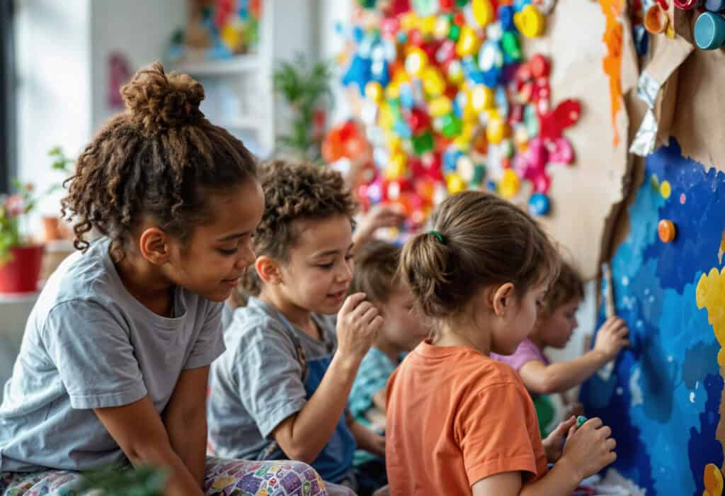 Interacción grupal entre niños de preescolar, desarrollando habilidades sociales y comunicativas en inglés.