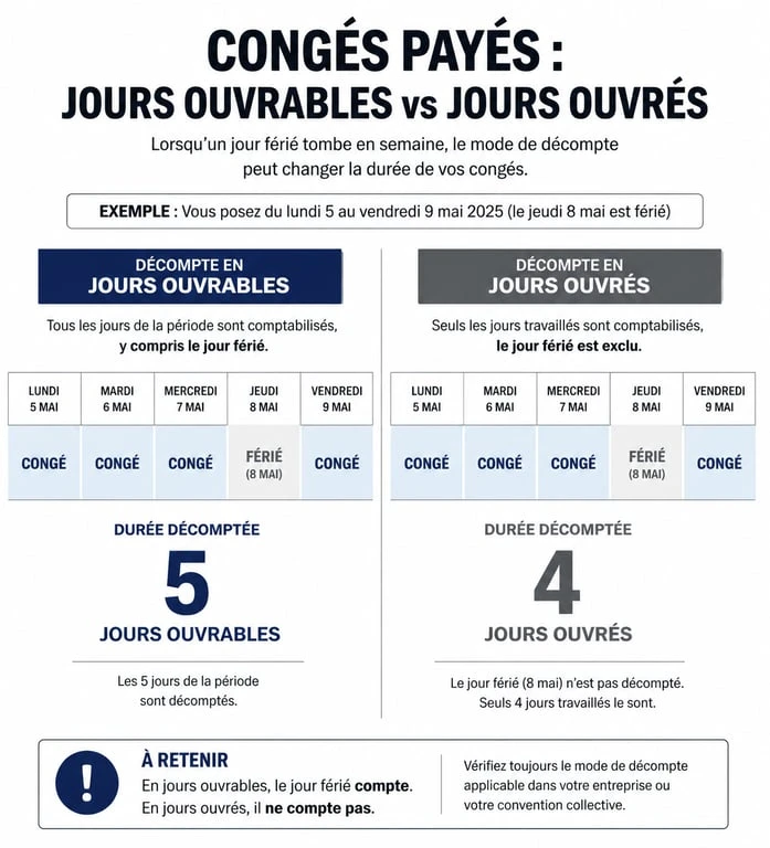Comparatif du décompte des jours fériés et congés payés : jours ouvrables vs jours ouvrés
