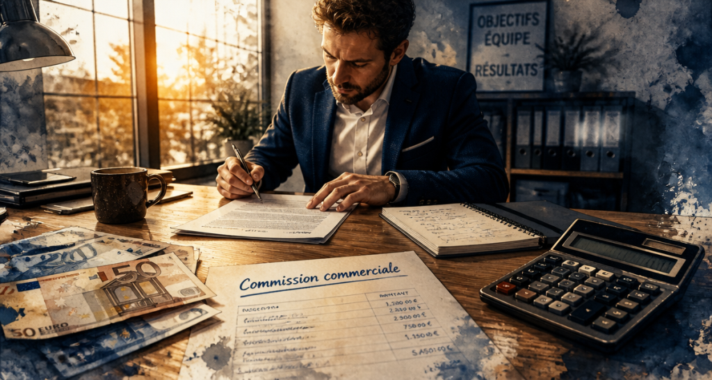 Commercial à la commission examinant contrat et calcul