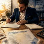 Commercial à la commission examinant contrat et calcul