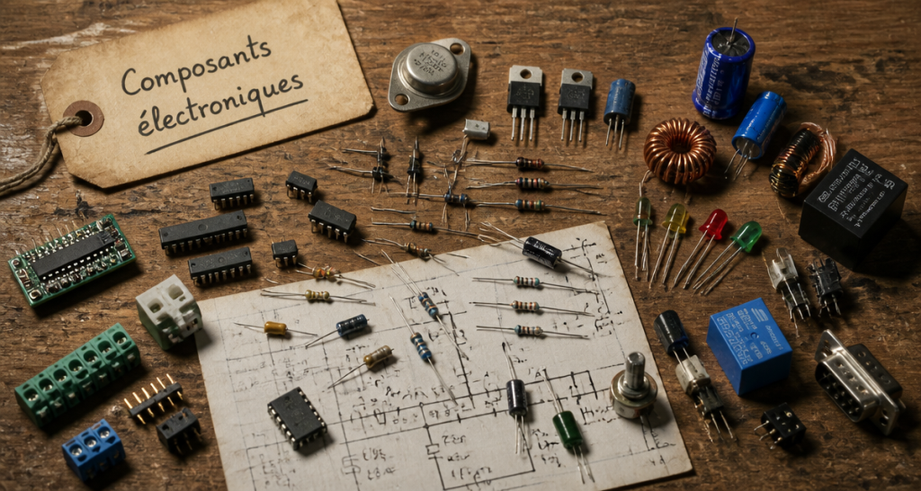 composants électroniques sur établi en bois