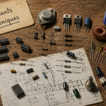 composants électroniques sur établi en bois