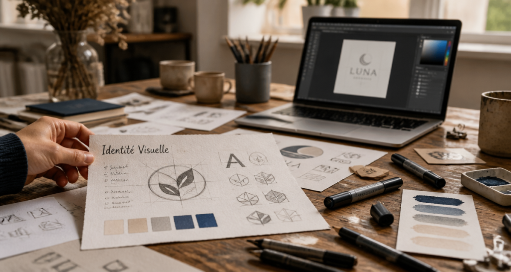 conseil logo esquisses et couleurs sur table