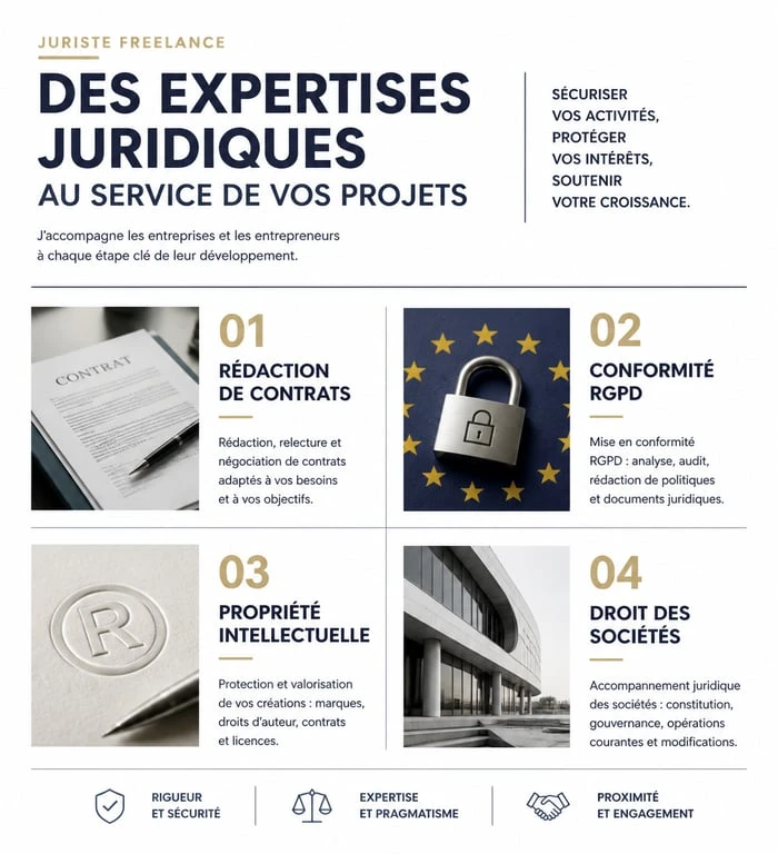 Infographie des missions principales d'un juriste freelance pour les entreprises