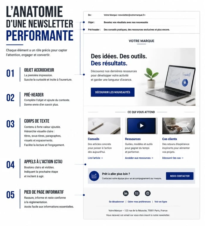 Infographie montrant la structure idéale d'une newsletter pour maximiser l'engagement