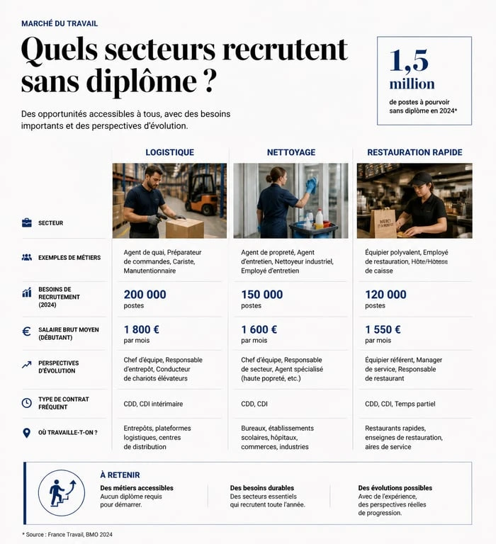 Infographie comparative des métiers accessibles sans diplôme pour trouver un travail facile