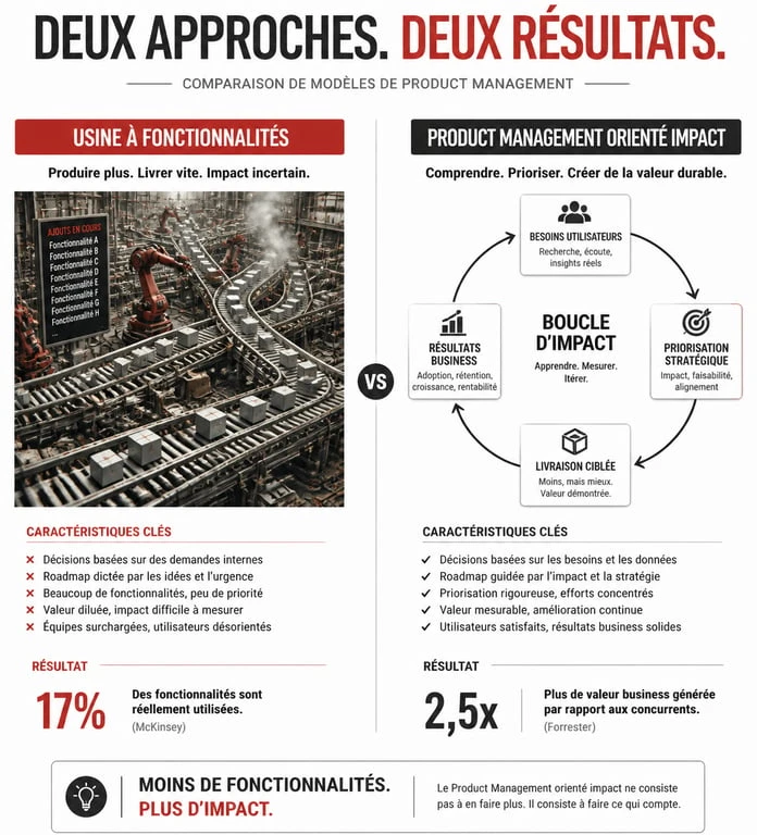 Infographie comparative : passage d'une culture feature factory à une stratégie de conseil en product management axée sur l'impact utilisateur