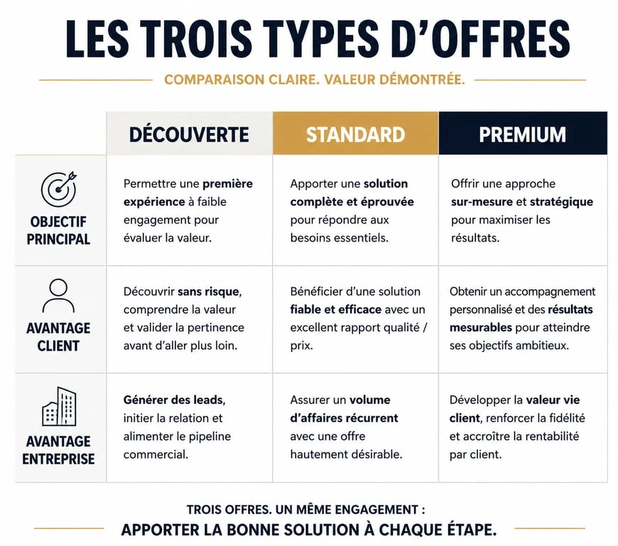 Infographie comparative des types d'offres pour définir son offre commerciale : Découverte, Standard et Premium.