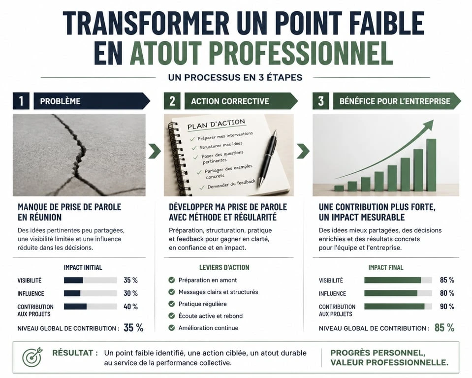 Infographie sur la méthode pour présenter ses points faibles en entretien d'embauche