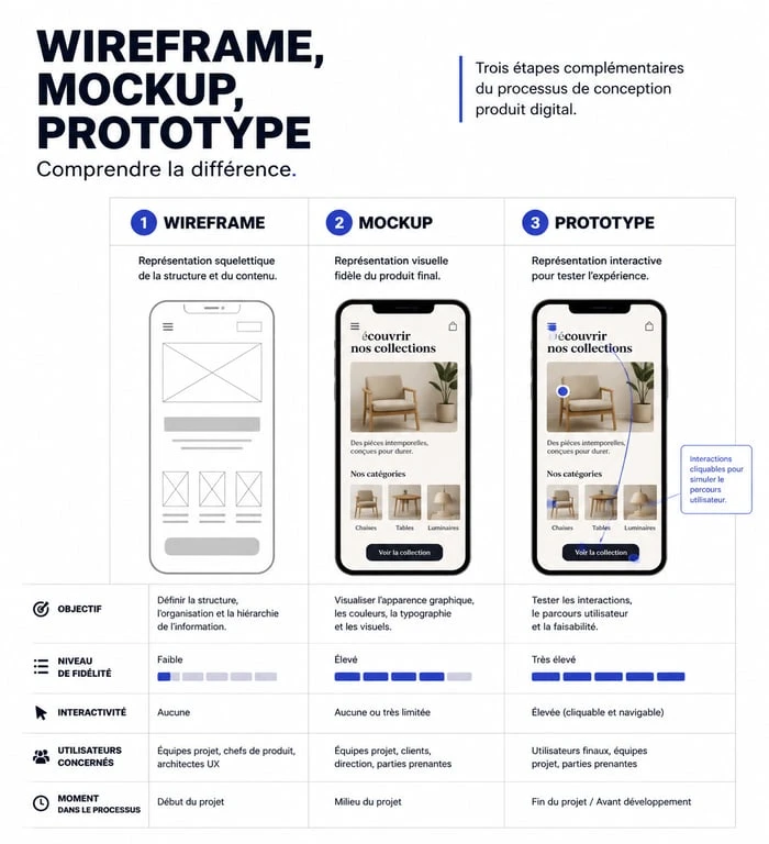 Infographie comparative : différence entre wireframe, mockup et prototype pour le design