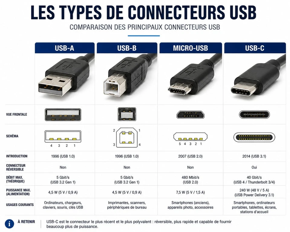 Infographie comparative des différents types de prises USB et connecteurs