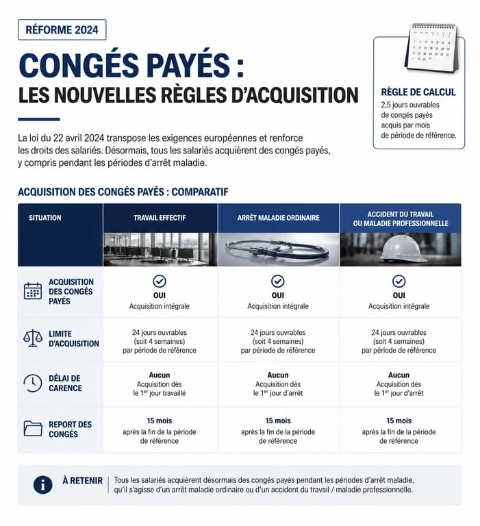 Infographie des règles d'acquisition des congés payés et loi congés été 2024