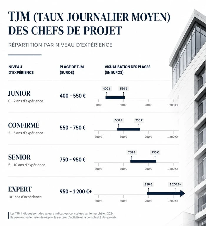 Infographie des TJM moyens pour chef de projet freelance selon l'expérience