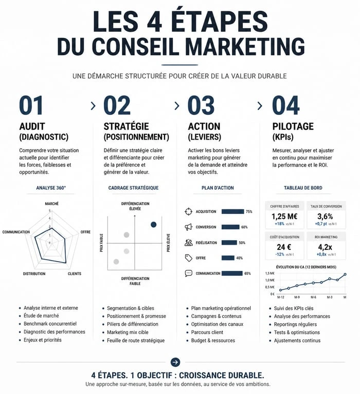 Étapes du conseil marketing : audit, stratégie, action et pilotage des KPI