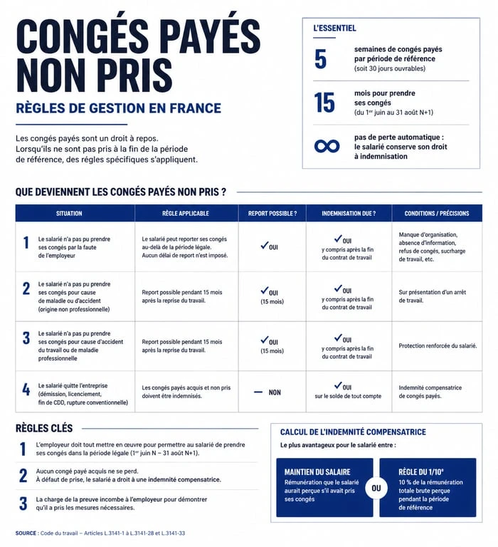 Infographie récapitulative des règles sur les congés payés non pris en France