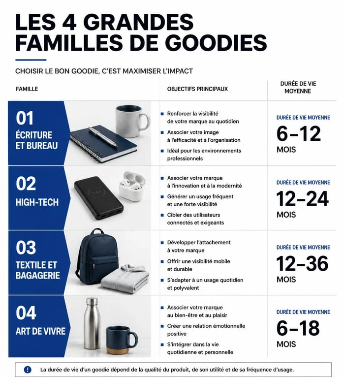 Infographie des catégories de goodies publicitaires et leurs usages en entreprise