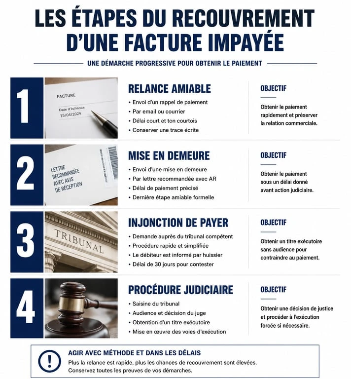 Infographie des étapes de la procédure de mise en demeure pour facture impayée
